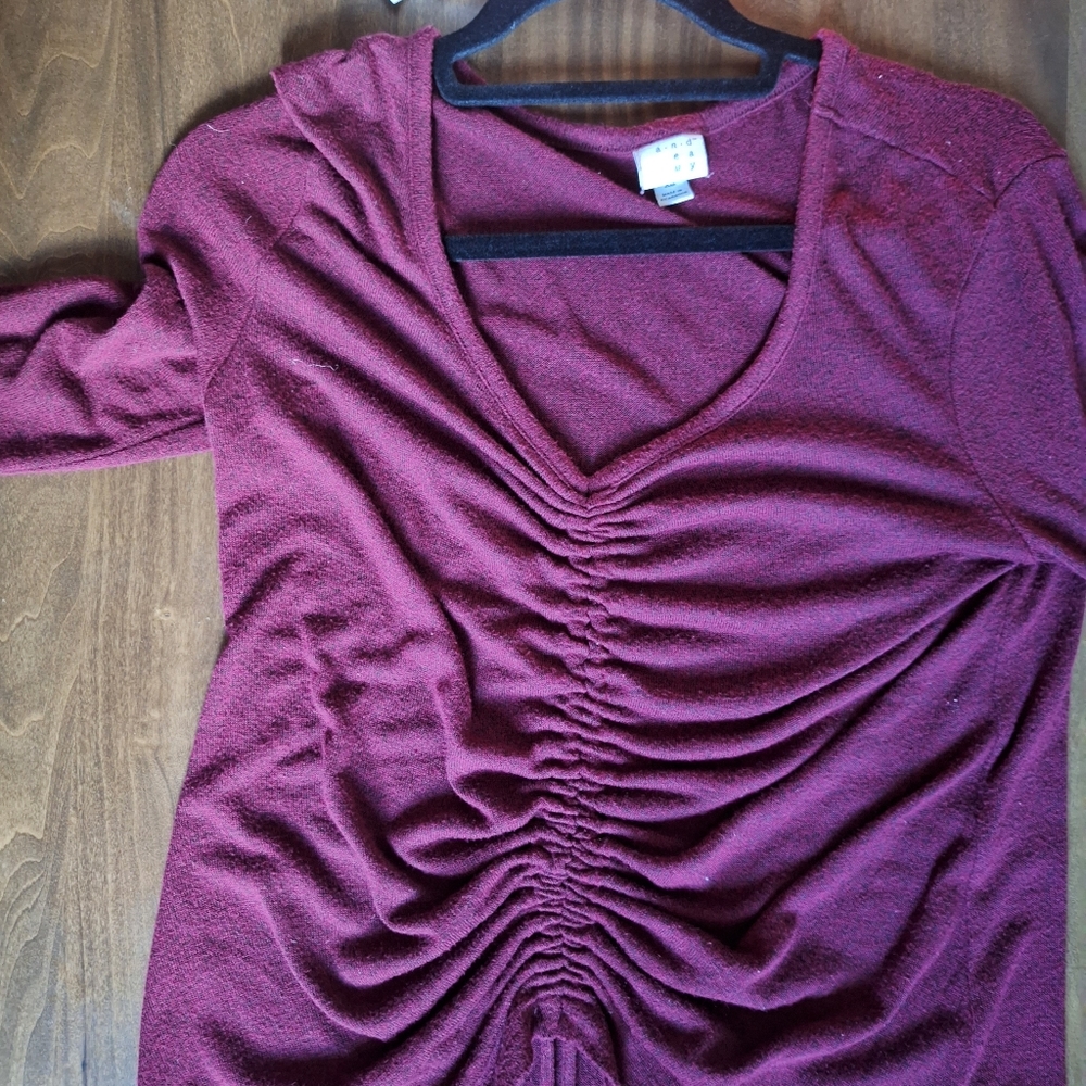 ❤️A New Day SZ XS Purple Burgandy, Rouched Adjustable Tie  Long Sleeve Top Shirt
